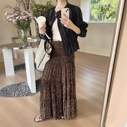Folded Leopard Chiffon Printed Versatile Casual Cake Skirt