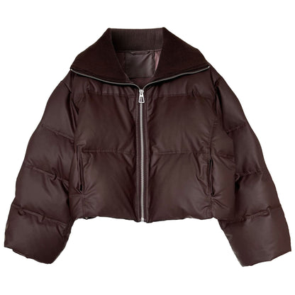 Black label, peace of mind 90 white duck down short bread jacket large lapel splicing pu leather down jacket women's winter new Y70