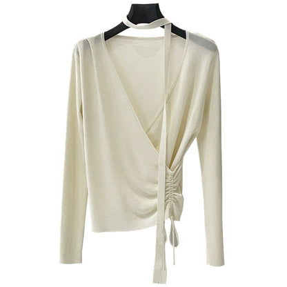 Drawstring design sense temperament Lyocell chest wrap slim streamer V-neck knitted sweater spring