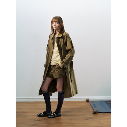 Spring new casual lapel thin versatile lace-up tooling long trench coat