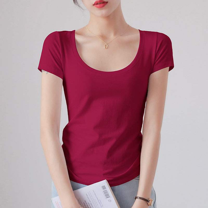 Round Neck Short Sleeve T-Shirt Women Slim Fit Cotton Base Layer Top
