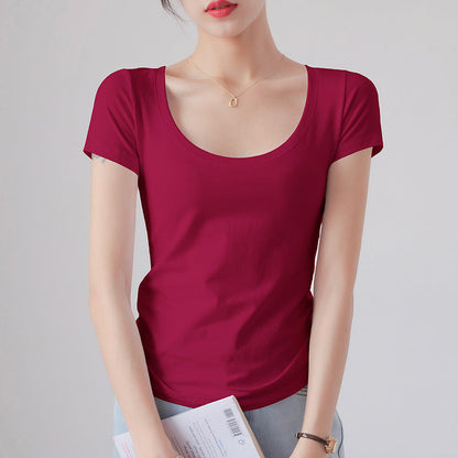 Round Neck Short Sleeve T-Shirt Women Slim Fit Cotton Base Layer Top