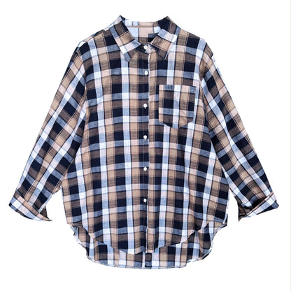 Retro Lazy Plaid Shirt Women's Summer Long Sleeve Loose Trend Fashion Light Sunscreen Shirt