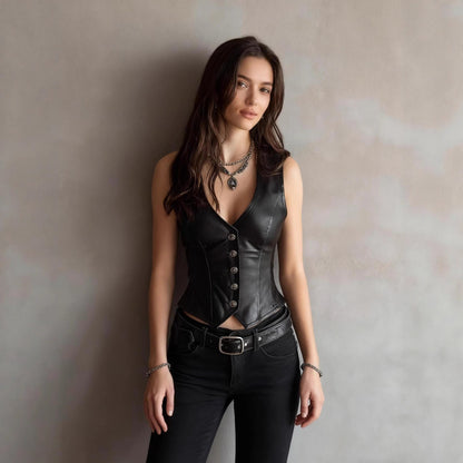 PU Leather V-Neck Vest Top