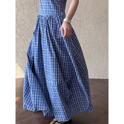Blue plaid French dress women's spring and summer new V-neck bud vest skirt big swing dress