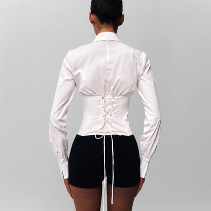 Slim tunic herringbone corset lace-up shirt