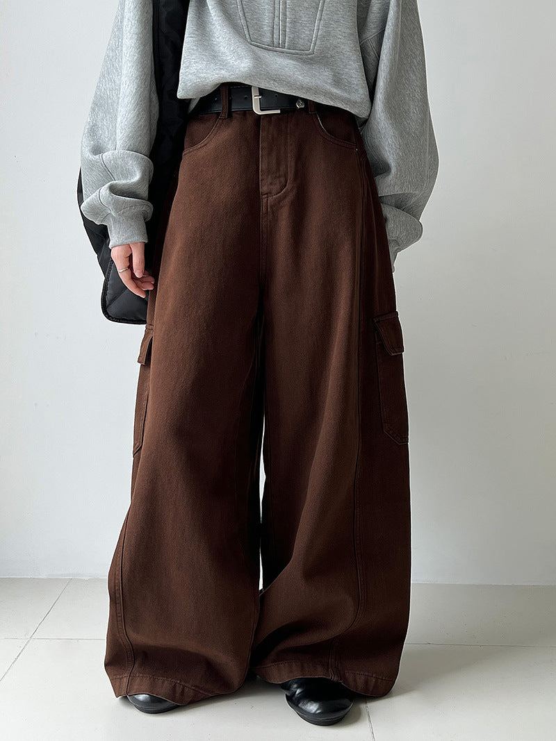Korean retro big pocket tooling wide-leg pants