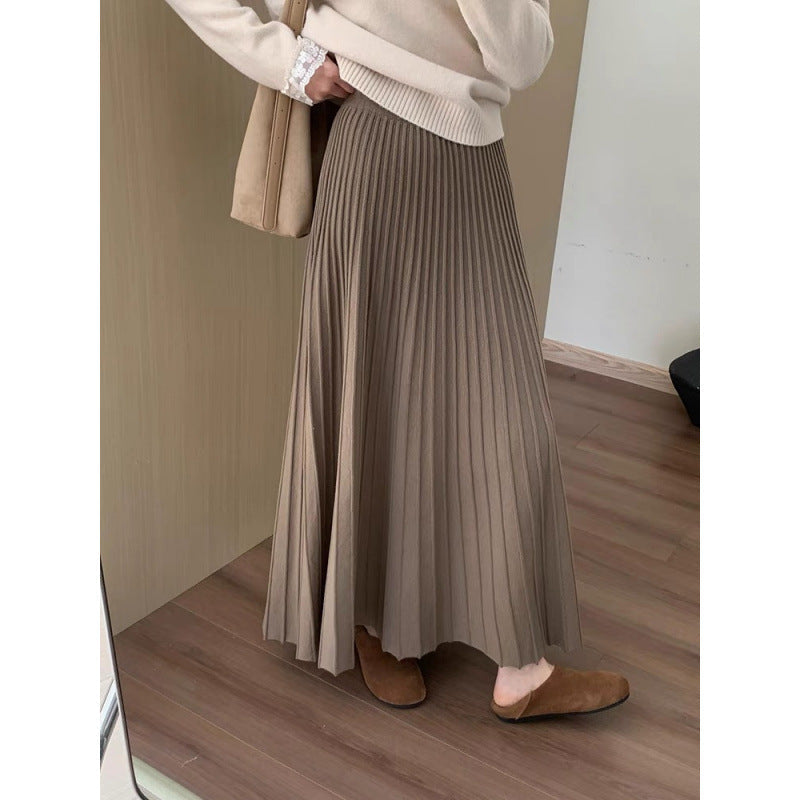 High waist and thin medium and long thickened pleated knitted skirt