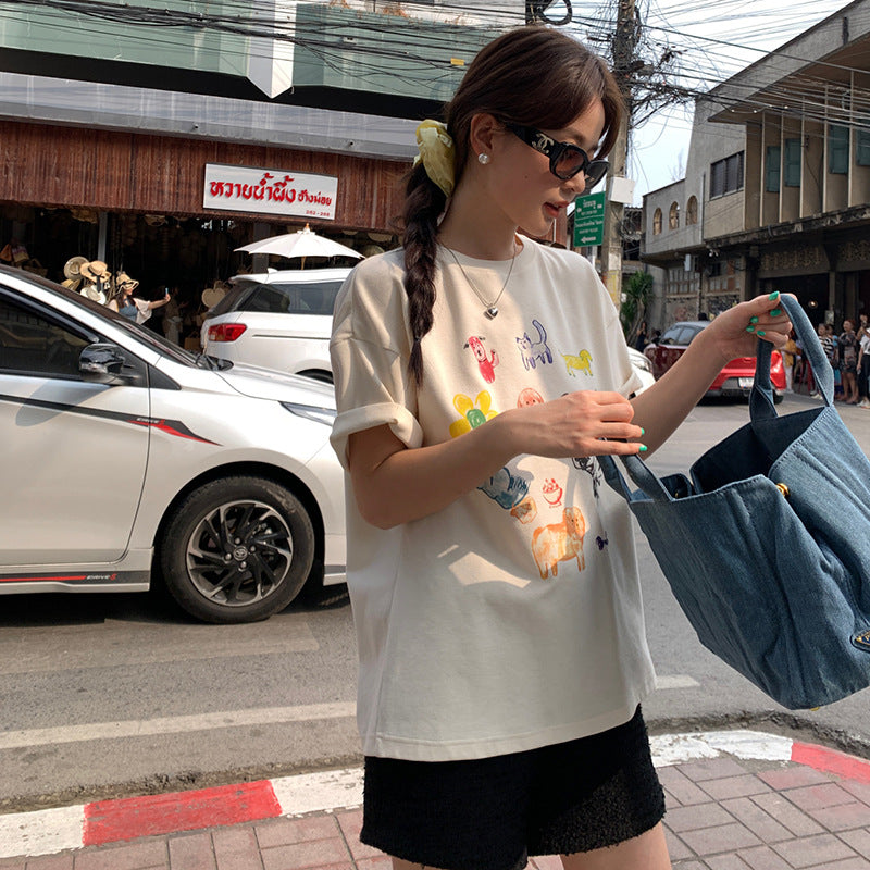Casual Skinny Versatile ins Cartoon Printed Short Sleeve T-Shirt