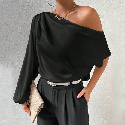 Off-Shoulder Long Sleeve Top Women Loose Fit Diagonal Collar Shirt