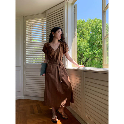 Gentle coffee break shell fringed strap v-neck dress