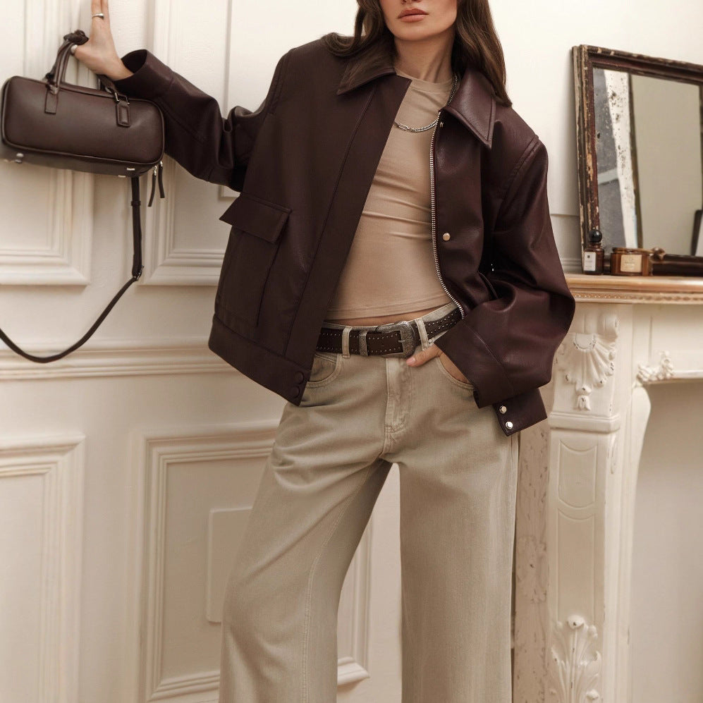 Long-sleeved motorcycle-style PU leather jacket fashion style jacket