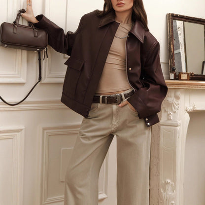 Long-sleeved motorcycle-style PU leather jacket fashion style jacket