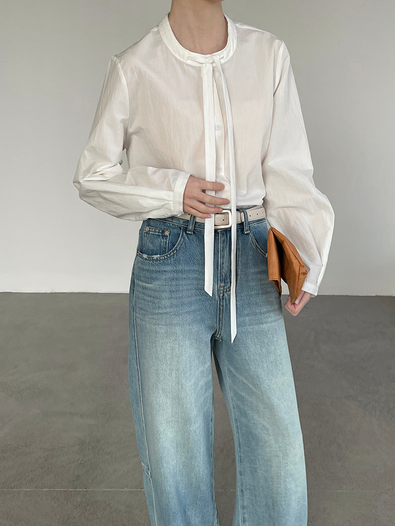 Crew Neck Ribbon Lace-Up Bow Long Sleeve Shirt