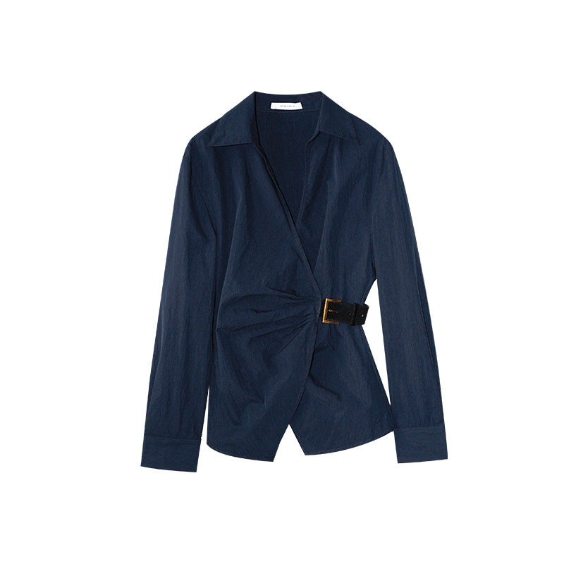 Temperament diagonal placket waist long-sleeved lapel shirt