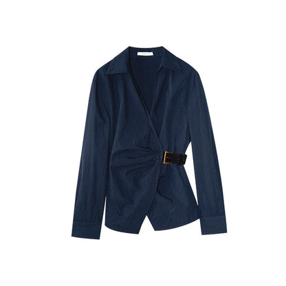 Temperament diagonal placket waist long-sleeved lapel shirt