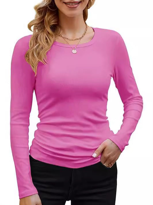 Ribbed Cotton Long Sleeve T-Shirt Women Solid Color Round Neck Slim Fit