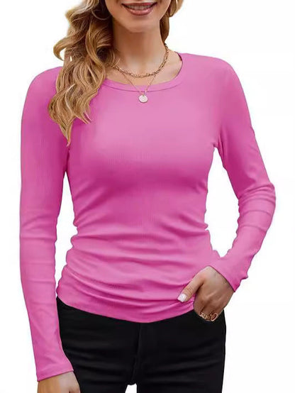 Ribbed Cotton Long Sleeve T-Shirt Women Solid Color Round Neck Slim Fit
