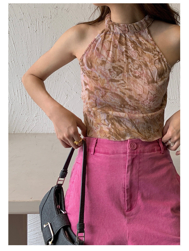 French Floral Halter Neck Slim Chiffon Vest