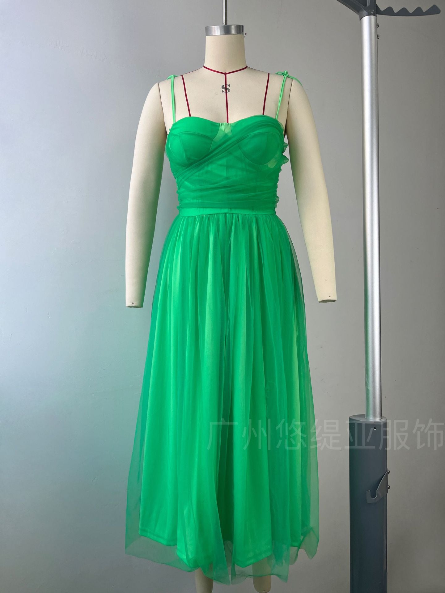 Women's Mesh midi dress temperament suspender skirt, bow mesh dress
