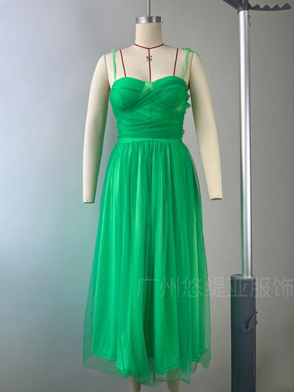 Women's Mesh midi dress temperament suspender skirt, bow mesh dress