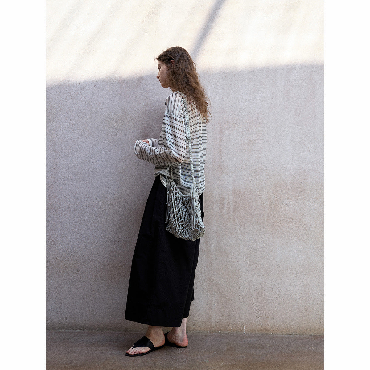 Summer soft and cool wash cotton adjustable middle waist commuting casual nine-point wide-leg pants