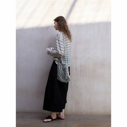 Summer soft and cool wash cotton adjustable middle waist commuting casual nine-point wide-leg pants