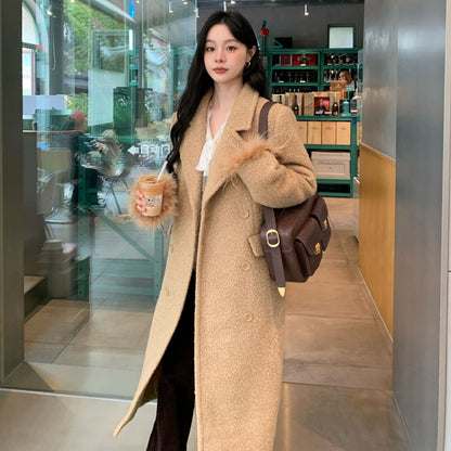 Commuter temperament coat double-breasted long woolen coat