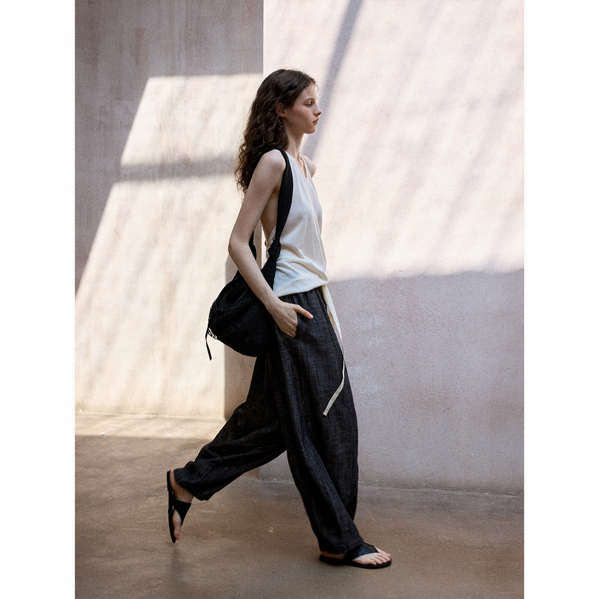 Summer cool and breathable linen imitation denim elastic waist commuting versatile casual balloon pants