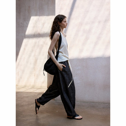 Summer cool and breathable linen imitation denim elastic waist commuting versatile casual balloon pants