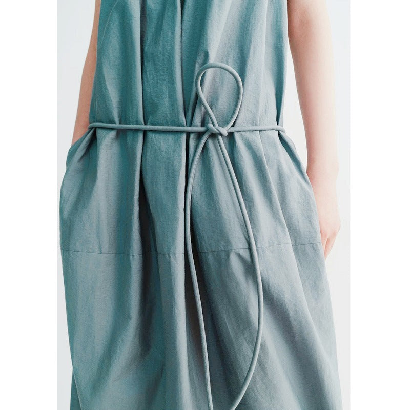 Versatile solid color temperament U-neck halter back pleated round rope vest dress