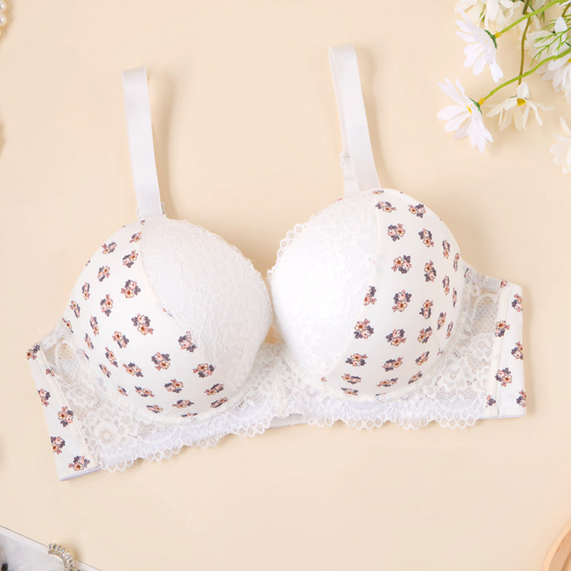 Fattened and enlarged large-size bra, printed lace gathered, supported on the top, large breasts and small women's large-breasted underwear