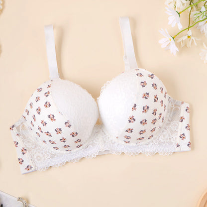 Fattened and enlarged large-size bra, printed lace gathered, supported on the top, large breasts and small women's large-breasted underwear