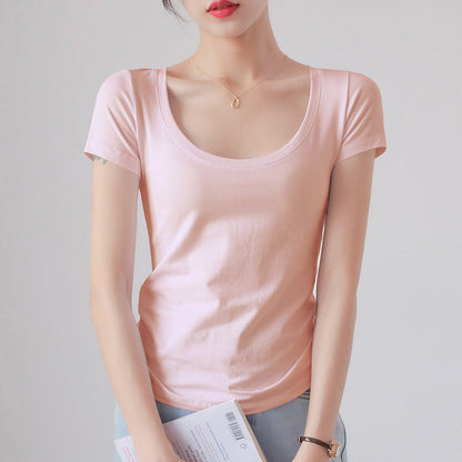 Round Neck Short Sleeve T-Shirt Women Slim Fit Cotton Base Layer Top