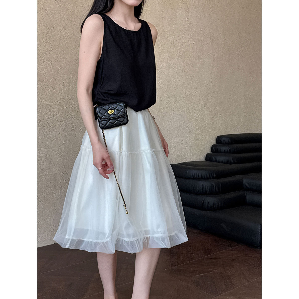 Tulle Mesh Skirt Women Korean Style A-Line Elastic Waist Mid-Length