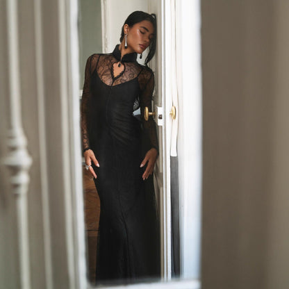 Stylish and sexy lace stitching autumn and winter long dress slim-fitting hollow dress