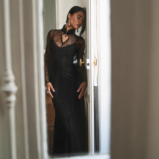 Stylish and sexy lace stitching autumn and winter long dress slim-fitting hollow dress
