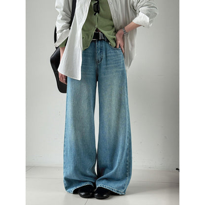 Spring retro light blue wide-leg straight with belt jeans women's design high-waisted trousers