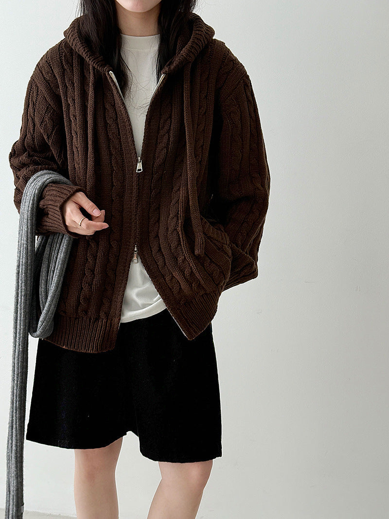 American retro cable knit hooded double zipper sweater cardigan for women - thick chunky knit fall/winter outerwear