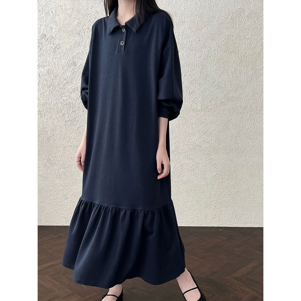 Japanese lapel splicing ruffle edge sweater long dress women's autumn new loose meat cover dress