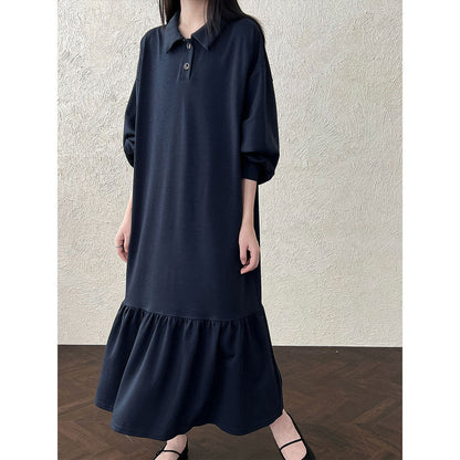 Japanese lapel splicing ruffle edge sweater long dress women's autumn new loose meat cover dress