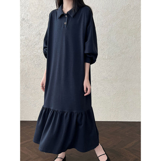 Japanese lapel splicing ruffle edge sweater long dress women's autumn new loose meat cover dress