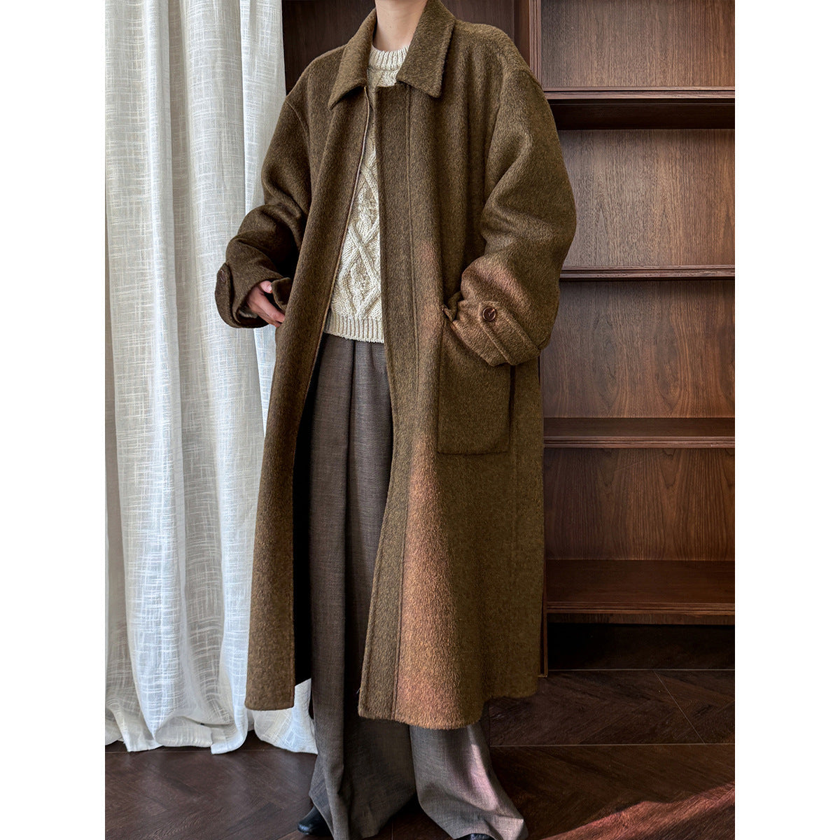 100% wool lapel zipper double-sided woolen coat women's design silhouette double patch bag long coat