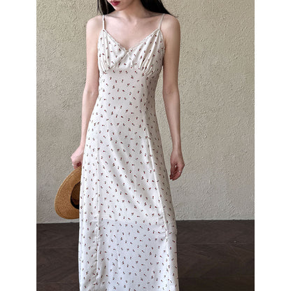 French temperament floral v-neck suspender skirt women's spring new slim-fitting and thin vest dress