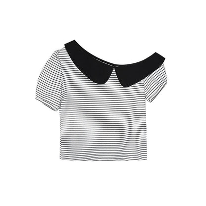Striped Off-Shoulder Diagonal Neck Tee