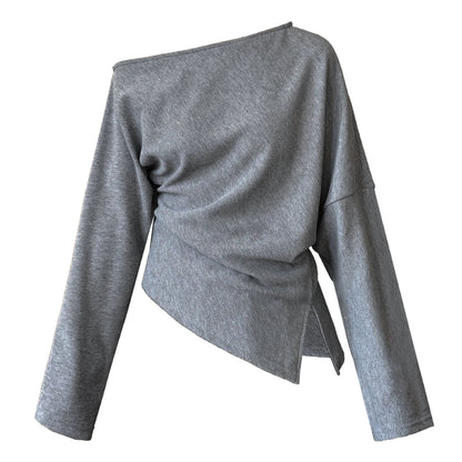 High-end irregular slanted shoulder sweater women's new niche design pleated split waist top