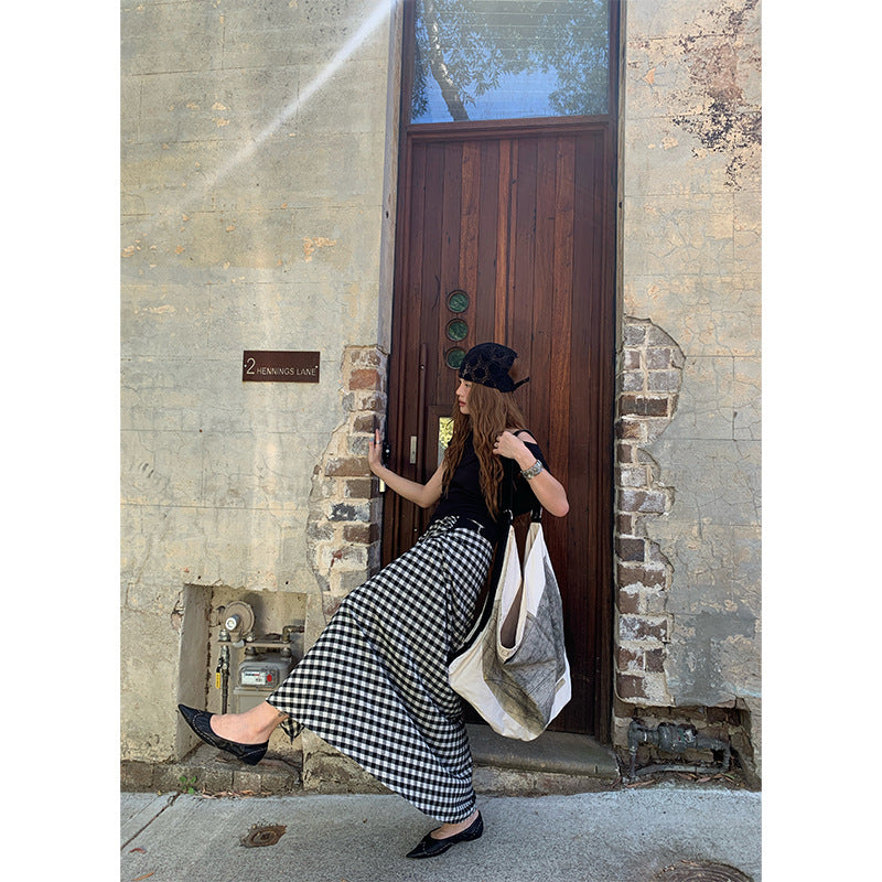 Chessboard plaid waist buckle design slim high waist skirt