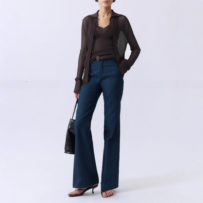 Multi-season wear fashionable legs, elastic imitation denim fabric, no ironing, comfortable retro micro-horn trousers