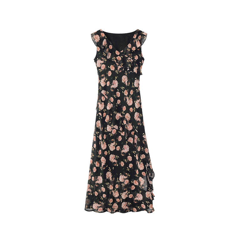 Elegant temperament ruffle floral sleeveless dress