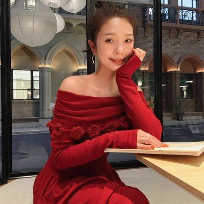 Chest knitted dress women's one-word shoulder temperament sweater skirt